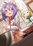  2girls ahoge blonde_hair blue_eyes blush chef_hat chef_uniform chocolate commentary crossed_arms dutch_angle fagi_(kakikaki) fangs hat jashin-chan jashin-chan_dropkick long_hair medusa_(jashin-chan_dropkick) multiple_girls pointy_ears ponytail purple_eyes purple_hair short_hair valentine 