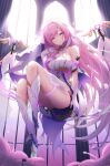  1girl absurdres ainrichman bangs bare_shoulders breasts cleavage closed_mouth dress elf elysia_(herrscher_of_human:ego) elysia_(honkai_impact) floating full_body gloves hair_ornament highres honkai_(series) honkai_impact_3rd indoors long_hair looking_at_viewer pink_eyes pink_hair pointy_ears smile white_dress white_footwear white_gloves window 