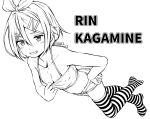 1girl bangs blush breasts camisole camisole_pull character_name cleavage commentary_request downblouse full_body greyscale grin hair_between_eyes hair_ornament hairclip hand_on_hip highres kagamine_rin kitsunerider looking_at_viewer monochrome no_shoes short_hair short_shorts shorts simple_background small_breasts smile solo striped striped_thighhighs thighhighs vocaloid 