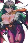  1girl arm_up breasts capcom demon_girl green_eyes green_hair highres large_breasts long_hair looking_at_viewer lucid_luna morrigan_aensland simple_background solo thighs vampire_(game) very_long_hair white_background wings 