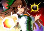  1girl arm_cannon bird_wings black_wings blouse brown_hair buttons center_frills collared_shirt control_rod frilled_shirt_collar frills highres long_hair puffy_short_sleeves puffy_sleeves qqqrinkappp red_eyes reiuji_utsuho shirt short_sleeves solo third_eye touhou traditional_media weapon white_shirt wings 