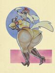  big_butt blonde_hair boots breasts butt canid canine canis clothed clothing cuphead_(game) digital_media_(artwork) domestic_dog eyelashes female fingerless_gloves footwear fur gesture gloves hair handwear hat headgear headwear hi_res high_heels hunting_dog looking_at_viewer mammal one_eye_closed open_mouth pilot_saluki_(cuphead) rear_view saluki sighthound simple_background smile solo teeth thick_thighs thumbs_up topwear uniform video_games wink wolftang 