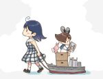  2girls ahoge alternate_costume bag black_hair boat box cardboard_box dragging dress gingham_dress kantai_collection long_hair multiple_girls rabbit reading riding saiguchi_otoufu shopping_bag simple_background sleeveless sleeveless_dress ushio_(kancolle) watercraft white_background yukikaze_(kancolle) 