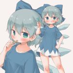  1girl arinu blue_bow blue_eyes blue_hair blue_shirt blush bow cirno closed_mouth collarbone detached_wings fairy food hair_between_eyes hair_bow highres holding holding_food ice ice_wings multiple_views popsicle shirt short_hair short_sleeves touhou wings 