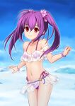 1girl bangle bikini blue_sky bracelet breasts child cleavage commentary_request cowboy_shot fate/grand_order fate_(series) flat_chest flower hair_between_eyes hair_flower hair_ornament hochfart jewelry long_hair looking_at_viewer navel off-shoulder_bikini off_shoulder outdoors purple_bikini purple_hair red_eyes scathach_(fate) scathach_skadi_(fate) scathach_skadi_(swimsuit_ruler)_(fate) skirt sky smile snow solo swimsuit twintails younger 