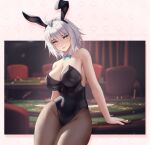  1girl alternate_costume animal_ears aztodio bangs bare_arms bare_shoulders black_hairband black_leotard black_pantyhose blue_bow blue_bowtie bow bowtie breasts cleavage closed_mouth club_(shape) commentary cowboy_shot detached_collar diamond_(shape) english_commentary fake_animal_ears fate/grand_order fate_(series) grey_hair hairband heart jeanne_d&#039;arc_alter_(fate) large_breasts leotard looking_at_viewer pantyhose patreon_username poker_table rabbit_ears short_hair smile solo spade_(shape) thighs yellow_eyes 