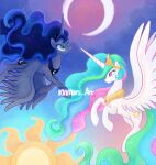  2021 blue_body blue_eyes blue_hair blue_tail cutie_mark digital_media_(artwork) duo equid equine feathered_wings feathers female feral friendship_is_magic green_hair green_tail hair hasbro hi_res horn mammal mn27 moon multicolored_hair multicolored_tail my_little_pony pink_eyes pink_hair pink_tail princess_celestia_(mlp) princess_luna_(mlp) signature sun watermark white_body winged_unicorn wings 