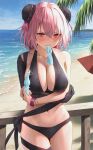  1girl arms_under_breasts bandaged_arm bandages beach beach_umbrella bikini black_bikini blush breasts bun_cover cleavage double_bun greenkohgen hair_between_eyes hair_bun highres ibaraki_kasen large_breasts looking_at_viewer navel ocean pink_eyes pink_hair red_eyes short_hair sling_bikini_top solo swimsuit touhou tree tupet umbrella wet 