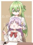  2girls alina_gray bangs blush cheek_squash closed_eyes green_hair hair_between_eyes hair_ornament hair_ribbon ink_bottle long_hair magia_record:_mahou_shoujo_madoka_magica_gaiden mahou_shoujo_madoka_magica medium_hair misono_karin multicolored_hair multiple_girls no_mouth orange_ribbon pen purple_hair ribbon sakae_general_school_uniform satom school_uniform star_(symbol) star_hair_ornament straight_hair streaked_hair 