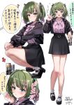  1boy 1girl absurdres beer_can black_jacket black_skirt blush can center_frills drinking_straw frills full_body green_hair heterochromia high_heels highres idolmaster idolmaster_cinderella_girls jacket jirai_kei looking_at_viewer mary_janes mole mole_under_eye multicolored_hair multiple_views nail_polish pink_hair pizzasi producer_(idolmaster) shoes simple_background skirt smile speech_bubble squatting streaked_hair strong_zero takagaki_kaede tears twintails v white_background 