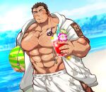  1boy abs ball bara beachball blue_sky blurry blurry_background blush brown_hair chest_hair crazy_straw cross-laced_clothes cross-laced_legwear cross-laced_sleeves cross_scar drink drinking_straw facial_hair heart_straw highres holding holding_ball holding_beachball holding_drink houzouin_oniwaka jacket kizami_nori_to_yamaimo large_pectorals long_sideburns male_focus mature_male muscular muscular_male navel nipples no_shirt official_alternate_costume open_clothes open_jacket paw_print pectorals pout scar scar_on_face scar_on_forehead short_hair sideburns sky solo stomach stubble sweatdrop thick_eyebrows tokyo_afterschool_summoners upper_body 