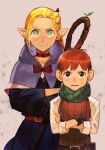  1boy 1girl blonde_hair chilchuck crossed_arms dungeon_meshi elf fingerless_gloves gloves green_eyes halfling height_difference hungry_clicker marcille pointy_ears purple_eyes red_hair smile staff sweat 