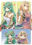  2girls absurdres aotsuba bangs blonde_hair breasts chest_jewel chibi crossover dress green_hair highres jewelry kid_icarus large_breasts long_hair multiple_girls mythra_(xenoblade) palutena pendant swept_bangs very_long_hair white_dress xenoblade_chronicles_(series) xenoblade_chronicles_2 yellow_eyes 