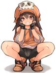  1girl bike_shorts black_gloves brown_eyes brown_hair fingerless_gloves full_body gloves guilty_gear guilty_gear_strive hat karukan_(monjya) long_hair looking_at_viewer may_(guilty_gear) orange_headwear pirate_hat simple_background skull_and_crossbones smile solo white_background 