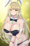  1girl absurdres animal_ears bangs blonde_hair bow bowtie breasts chest_jewel detached_collar fake_animal_ears highres large_breasts latte long_hair mythra_(xenoblade) playboy_bunny rabbit_ears solo swept_bangs very_long_hair wrist_cuffs xenoblade_chronicles_(series) xenoblade_chronicles_2 yellow_eyes 
