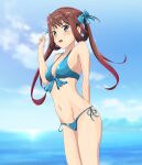  1girl asagumo_(kancolle) blue_sky blue_swimsuit breasts brown_hair chuchu_tako cloud commentary_request cowboy_shot day grey_eyes hair_ribbon highres kantai_collection long_hair looking_at_viewer ocean one-hour_drawing_challenge outdoors ribbon sky small_breasts solo standing swimsuit twintails twitter_username 