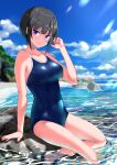  1girl beach blue_sky blue_swimsuit bob_cut breasts cloud commentary_request commission day idolmaster idolmaster_cinderella_girls large_breasts light_rays new_school_swimsuit ocean outdoors purple_eyes rock school_swimsuit shirayuki_chiyo sitting skeb_commission sky soaking_feet solo sunbeam sunlight swimsuit wakana_hanabi wet wet_clothes wet_swimsuit 