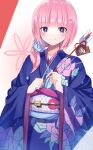  1girl absurdres arrow_(projectile) bangs blue_eyes blue_kimono blunt_bangs blush closed_mouth commentary_request cowboy_shot floral_print hands_up highres holding holding_arrow japanese_clothes kaf_(kamitsubaki_studio) kamitsubaki_studio kimono long_hair looking_at_viewer low_ponytail obi pink_hair red_background red_ribbon ribbon sash side_ponytail simple_background sleeves_past_elbows smile solo standing tirudo29 translation_request two-tone_background white_background white_sash wide_sleeves yellow_pupils 