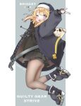  1boy alternate_color androgyne_symbol bike_shorts bike_shorts_under_skirt black_ribbon blonde_hair blush bridget_(guilty_gear) brown_pantyhose copyright_name cuffs fingerless_gloves full_body gloves guilty_gear guilty_gear_strive habit handcuffs highres hood hood_down hood_up jacket jumping kuzuhara_kazuya long_sleeves medium_hair one_eye_closed open_mouth otoko_no_ko pantyhose pleated_skirt red_eyes ribbon roger_(guilty_gear) sidelocks simple_background skirt solo stuffed_animal stuffed_toy teddy_bear thighs twitter_username white_gloves zipper zipper_pull_tab 