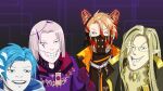 4boys absurdres animal_ears axel_syrios bangs blonde_hair blue_eyes blue_hair brooch commentary english_commentary fake_animal_ears glasses grey_hair grey_vest grin highres hololive hololive_english holostars holostars_english holotempus hood hood_down hoodie jacket jewelry khoaphan96 long_hair looking_at_viewer magni_dezmond male_focus mask me_and_the_boys meme mole mole_under_mouth multicolored_hair multiple_boys noir_vesper open_clothes open_jacket parody pointy_ears purple_background purple_shirt red_hair regis_altare shirt smile streaked_hair swept_bangs vest virtual_youtuber yellow_eyes 