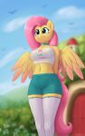  2022 absurd_res anthro blurred_background clothed clothing digital_media_(artwork) equid equine eyelashes female fluttershy_(mlp) friendship_is_magic hands_behind_back hasbro hi_res irisarco legwear mammal my_little_pony outside pegasus smile solo text text_on_clothing wings 