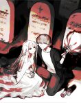  1boy 1girl absurdres beer_can bouquet breasts bridal_veil can cleavage dress graveyard grey_eyes grey_hair highres holding holding_bouquet looking_at_viewer medium_hair one_knee original red_eyes smile tombstone tsu_(lovesick1964) two_(tsu_(lovesick1964)) veil wedding_dress 