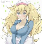 1girl alternate_costume blonde_hair blue_eyes blue_pajamas breasts gakky gambier_bay_(kancolle) hairband hat kantai_collection large_breasts nightcap one-hour_drawing_challenge pajamas pillow smile solo sparkle_background twintails upper_body white_background 