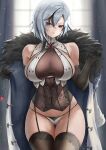  1girl arlecchino_(genshin_impact) ass_visible_through_thighs bangs bare_shoulders black_eyes black_gloves black_hair black_thighhighs breasts coat cowboy_shot curtains cyicheng elbow_gloves fur-trimmed_coat fur_trim garter_straps genshin_impact gloves grey_hair hair_between_eyes hand_up indoors large_breasts lingerie looking_at_viewer multicolored_hair open_clothes open_coat panties parted_lips revision short_hair sideboob sleeveless solo standing streaked_hair thighhighs thighs underwear white_coat white_panties window 
