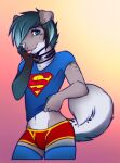  2015 anthro biped black_ears black_hair black_nose black_tail blep blue_body blue_clothing blue_eyes blue_fur blue_hair blue_legwear blue_nose blue_shirt blue_t-shirt blue_thigh_highs blue_topwear boxer_briefs bulge canid canine canis clothed clothing clothing_lift collar curled_tail digital_media_(artwork) domestic_dog floppy_ears fur girly gradient_hair grey_body grey_ears grey_fur grey_tail hair hi_res legwear lockworkorange looking_at_viewer male mammal multi_tone_fur multi_tone_tail multicolored_ears multicolored_hair multicolored_nose one_eye_obstructed red_clothing red_underwear rileymutt shaded shirt shirt_lift simple_background solo superman_(series) t-shirt thigh_highs tongue tongue_out topwear two_tone_hair underwear white_body white_fur white_tail 