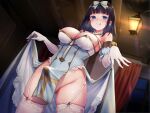  1girl :q asmr bangs between_breasts black_hair blue_dress blue_eyes blunt_bangs blush bow breasts bulge cleavage closed_mouth clothes_lift cross_print curtains detached_collar dress dress_lift dutch_angle elbow_gloves erection erection_under_clothes futanari garter_straps gloves hair_bow hanging_lantern highres indoors kai_(ootamuno12) lace-trimmed_legwear lace_trim large_breasts looking_at_viewer looking_down original pelvic_curtain smile solo thighhighs tongue tongue_out two-tone_dress white_bow white_dress white_gloves white_thighhighs window wooden_ceiling 