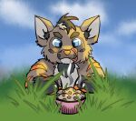  abstract_background anthro ashentail blue_eyes brown_body brown_fur cupcake feral food fur grass hi_res hyaenid looking_at_viewer looking_down male mammal orange_body orange_fur plant slice_of_life solo solo_focus story 