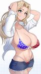  1girl absurdres american_flag_bikini artist_request bikini blonde_hair blue_eyes blue_shorts blush breasts cleavage flag_print girls_und_panzer grin highres kay_(girls_und_panzer) large_breasts long_hair looking_at_viewer navel polka_dot polka_dot_background shiny shiny_hair shiny_skin shirt short_shorts shorts simple_background smile solo swimsuit white_background white_shirt 