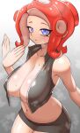  1girl afterimage bare_shoulders black_skirt black_vest blue_eyes blush breasts cleavage collarbone cowboy_shot cropped_vest fanning_self forehead highres large_breasts miniskirt motion_lines navel octoling parted_lips pero_(pero7762) red_hair short_hair skirt solo splatoon_(series) steaming_body sweat tentacle_hair unzipped vest 