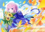  1girl absurdres bangs blue_background blue_capelet blue_eyes blue_sky blurry blurry_background blush capelet closed_mouth cloud commentary_request day flower highres holding holding_flower hood hood_down kaf_(kamitsubaki_studio) kamitsubaki_studio leaf letter looking_at_viewer ocean outdoors paper pink_hair sky smile solo standing sunflower tirudo29 two-tone_background upper_body white_background yellow_flower yellow_pupils 