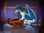  4:3 alcohol bed bedroom beverage digital_media_(artwork) dragon duo eyes_closed fan_character female feral furniture hi_res inside male male/female on_bed seawing_(wof) sex shaded shido-tara smile wine wine_bottle wings_of_fire yellow_eyes 