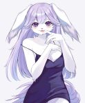  1girl :3 :p animal_ears animal_nose bangs bare_shoulders black_dress breasts claws cleavage dress finger_to_own_chin furry furry_female highres looking_at_viewer medium_breasts no_bra original purple_background purple_eyes purple_hair purple_tail rabbit_ears rabbit_girl saaa simple_background solo strap_slip tail tongue tongue_out white_fur 