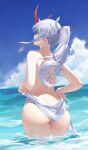  1girl absurdres ass bikini blue_sky cloud commentary_request day fate/grand_order fate_(series) grey_hair hair_ribbon highres horns ocean oni oni_horns outdoors partially_submerged ponytail red_eyes red_horns red_ribbon ribbon sky solo standing swimsuit tomoe_gozen_(fate) white_bikini xing_hen 