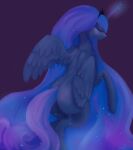  2017 blue_body blue_feathers blue_hair blue_tail butt crown digital_media_(artwork) equid equine eyes_closed feathered_wings feathers female feral friendship_is_magic hair hasbro hi_res horn long_hair long_tail mammal minckies my_little_pony princess_luna_(mlp) purple_background simple_background solo winged_unicorn wings 