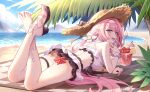  1girl :d bangs beach bra carpet covered_mouth cup drinking_glass elysia_(honkai_impact) food fruit gou_lianlian_dogface grapes headband highres honkai_(series) honkai_impact_3rd jewelry long_hair looking_at_viewer multicolored_eyes necklace pearl_necklace pink_hair pointy_ears sky smile starfish sweat symbol-shaped_pupils tree underwear 