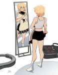  bike_shorts blonde_hair bridget_(guilty_gear) clothes_removed crop_top green_eyes guilty_gear guilty_gear_strive holding holding_clothes looking_at_mirror m._lee_lunsford mirror reflection simple_background skirt smile socks solo standing tank_top trying_on_clothes 