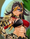  1girl abs animal_ears armor asymmetrical_clothes bangs bare_shoulders biceps black_hair blonde_hair blue_eyes blurry blush breasts dark-skinned_female dark_skin dehya_(genshin_impact) earrings genshin_impact gloves highres jewelry large_breasts long_hair lz_elzy midriff multicolored_hair muscular muscular_female navel pose simple_background smile solo tan 