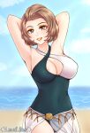  1girl absurdres areola_slip armpits arms_behind_head arms_up artist_name bare_arms beach breasts brown_eyes brown_hair center_opening cleavage colored_eyelashes commission covered_navel cowboy_shot english_commentary fire_emblem fire_emblem:_three_houses forehead highres large_breasts lewdlilies lips looking_at_viewer manuela_casagranda mature_female mole mole_under_eye ocean outdoors parted_lips sand see-through short_sleeves sky solo summer swimsuit v-shaped_eyebrows 
