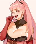  1girl adapted_costume bangs bare_shoulders black_choker blunt_bangs blush breasts choker cleavage collarbone detached_sleeves earrings elbow_gloves fire_emblem fire_emblem:_three_houses gloves hilda_valentine_goneril huge_breasts jewelry laughing long_hair long_sleeves looking_at_viewer nyantcha open_mouth pink_eyes pink_hair pink_lips smile solo strapless twintails 