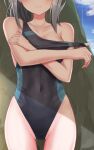  1girl bare_arms bare_shoulders black_swimsuit blue_archive blush closed_mouth commentary_request covered_navel day earrings grey_hair head_out_of_frame highres jewelry nenosame one-piece_swimsuit outdoors pulled_by_self shiroko_(blue_archive) shiroko_(swimsuit)_(blue_archive) smile solo strap_pull stud_earrings swimsuit 