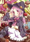  absurdres black_cape candy cape chocolate chocolate_on_face cookie food food_on_face hair_ornament hat heart heart-shaped_chocolate highres magia_record:_mahou_shoujo_madoka_magica_gaiden magical_girl mahou_shoujo_madoka_magica megitti misono_karin pink_ribbon purple_eyes purple_hair ribbon sitting skirt star_(symbol) star_hair_ornament sweets tongue valentine white_skirt witch_hat 