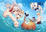  4girls absurdres aether_(genshin_impact) beach bikini black_bikini black_hair blonde_hair blue_eyes blue_hair breasts brown_pants carbon12th dark-skinned_female dark_skin eyepatch fischl_(genshin_impact) genshin_impact green_eyes green_pants grey_hair hair_between_eyes hair_ornament hat highres kaedehara_kazuha long_hair male_swimwear medium_breasts medium_hair mona_(genshin_impact) multicolored_hair multiple_girls nipples ocean open_mouth paimon_(genshin_impact) pants ponytail red_eyes red_hair smile splashing swim_trunks swimsuit twintails water white_bikini white_hair witch_hat xinyan_(genshin_impact) 