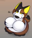  anthro belly big_belly big_breasts breasts canid canine canis digital_media_(artwork) domestic_dog female foxball fur hair hi_res huge_breasts mammal nude obese overweight simple_background smile solo 