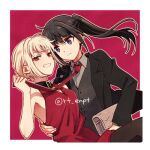  2girls bag black_choker black_hair blonde_hair choker commentary_request crossdressing dress formal grin holding holding_bag inoue_takina long_hair lowres lycoris_recoil multiple_girls necktie necktie_grab neckwear_grab nishikigi_chisato ponytail purple_eyes red_dress red_eyes red_necktie rt_enpt short_hair smile suit 