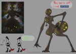  absurd_res anthro arachnid aroni_sketched_(artist) arthropod bodily_fluids female glowing glowing_eyes gorgon_(evolve) hi_res machine male monster multi_eye multi_nipple nipples robot saliva simple_background spider synth_(vader-san) text weapon 