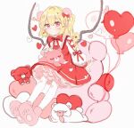  1girl alternate_costume balloon bangs blonde_hair bow closed_mouth collared_shirt criss-cross_sleeves dress flandre_scarlet full_body heart heart_balloon highres long_sleeves looking_at_viewer medium_hair one_side_up paragasu_(parags112) paw_shoes petticoat puffy_long_sleeves puffy_sleeves red_bow red_dress red_eyes shirt solo stuffed_animal stuffed_toy teddy_bear touhou white_background white_shirt wings 